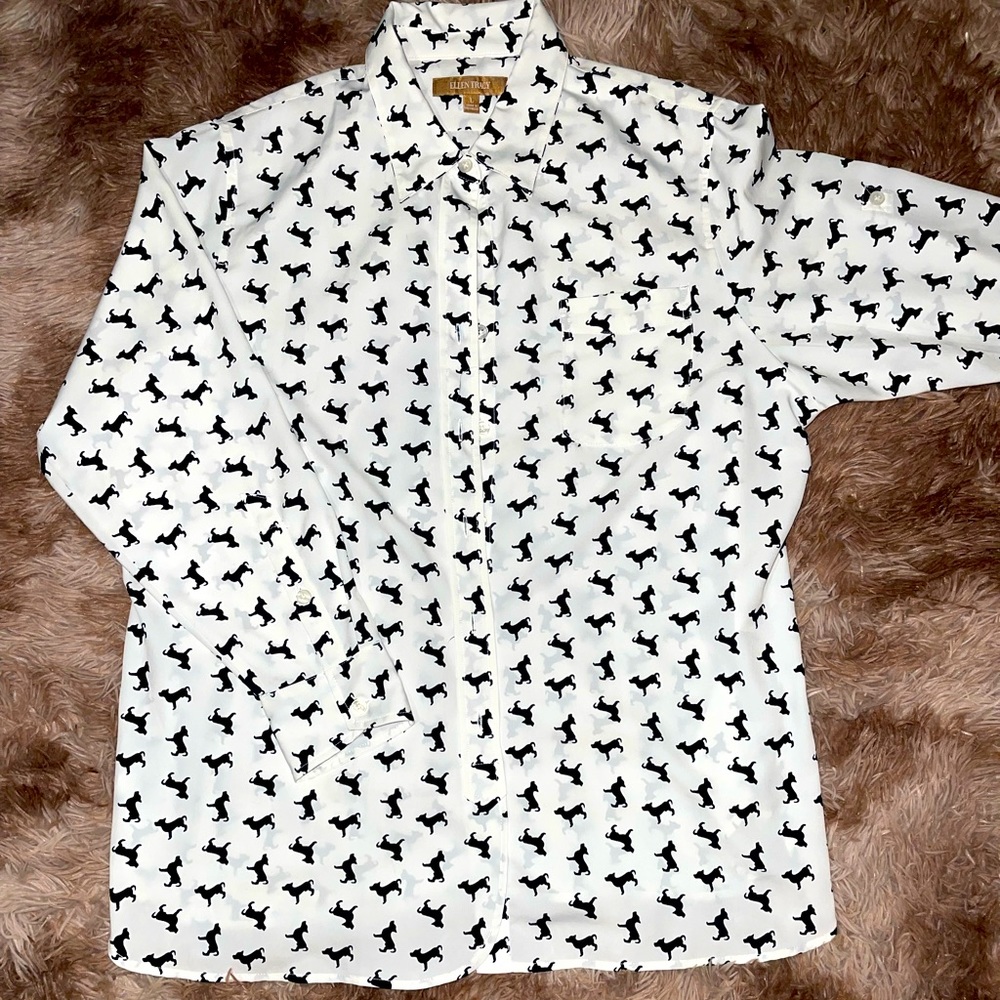 Ellen Tracy White Black Dog Print Blouse Top
